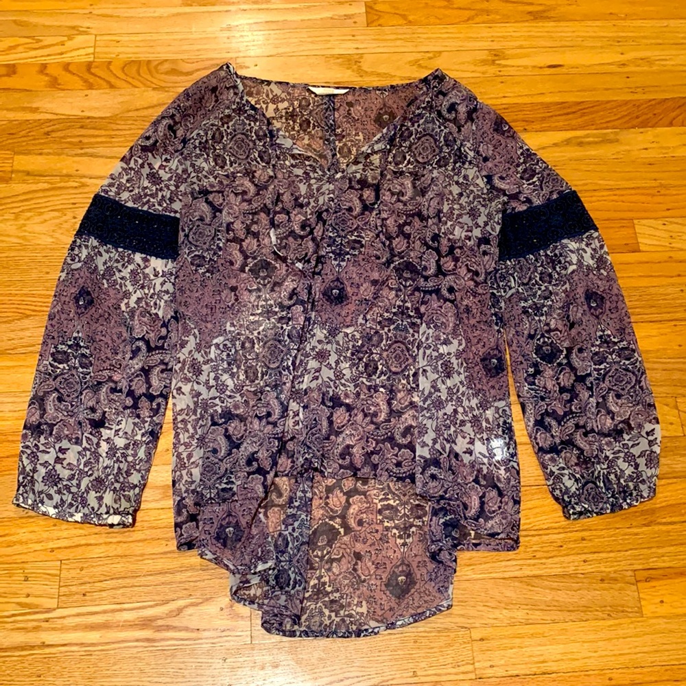 Purple Patterned Sheer Long-Sleeve Top